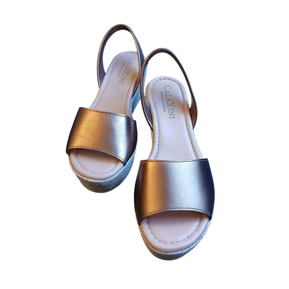 Calaxini Women Bronze Metallic Leather Espadrille Wedge Sandals EU 37 Made Spain